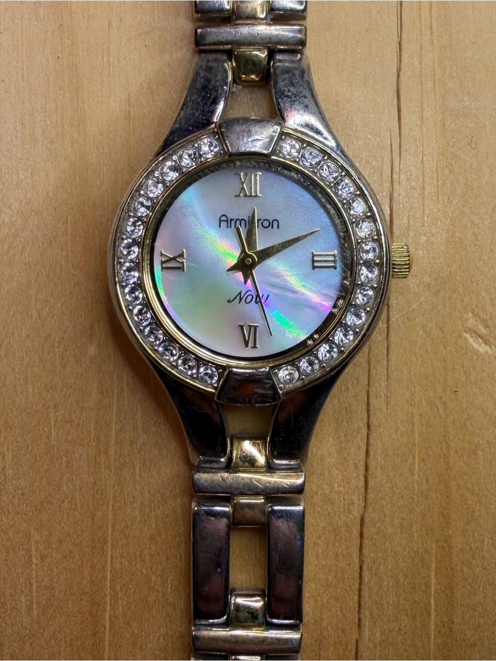 Armitron Gold-Tone Crystal Bezel Watch with Mother-of-Pearl Dial